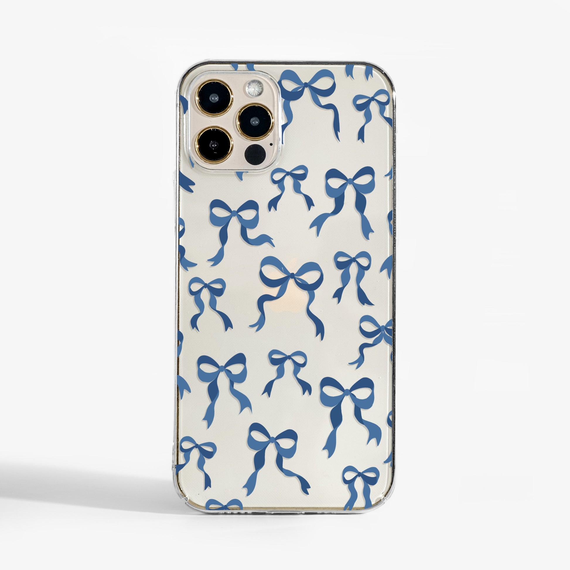 Clear phone case with fun blue bow design -stylish and protective phone cover for iPhone and Samsung.