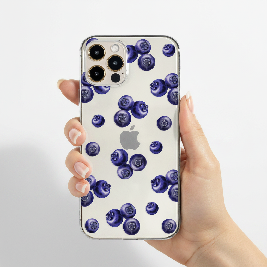 woman holding the clear blueberry phone case