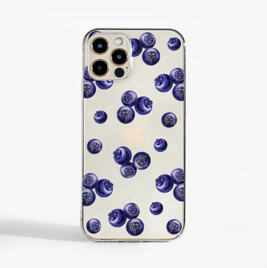Clear phone case with blueberry print for iPhone, Samsung, and Google Pixel