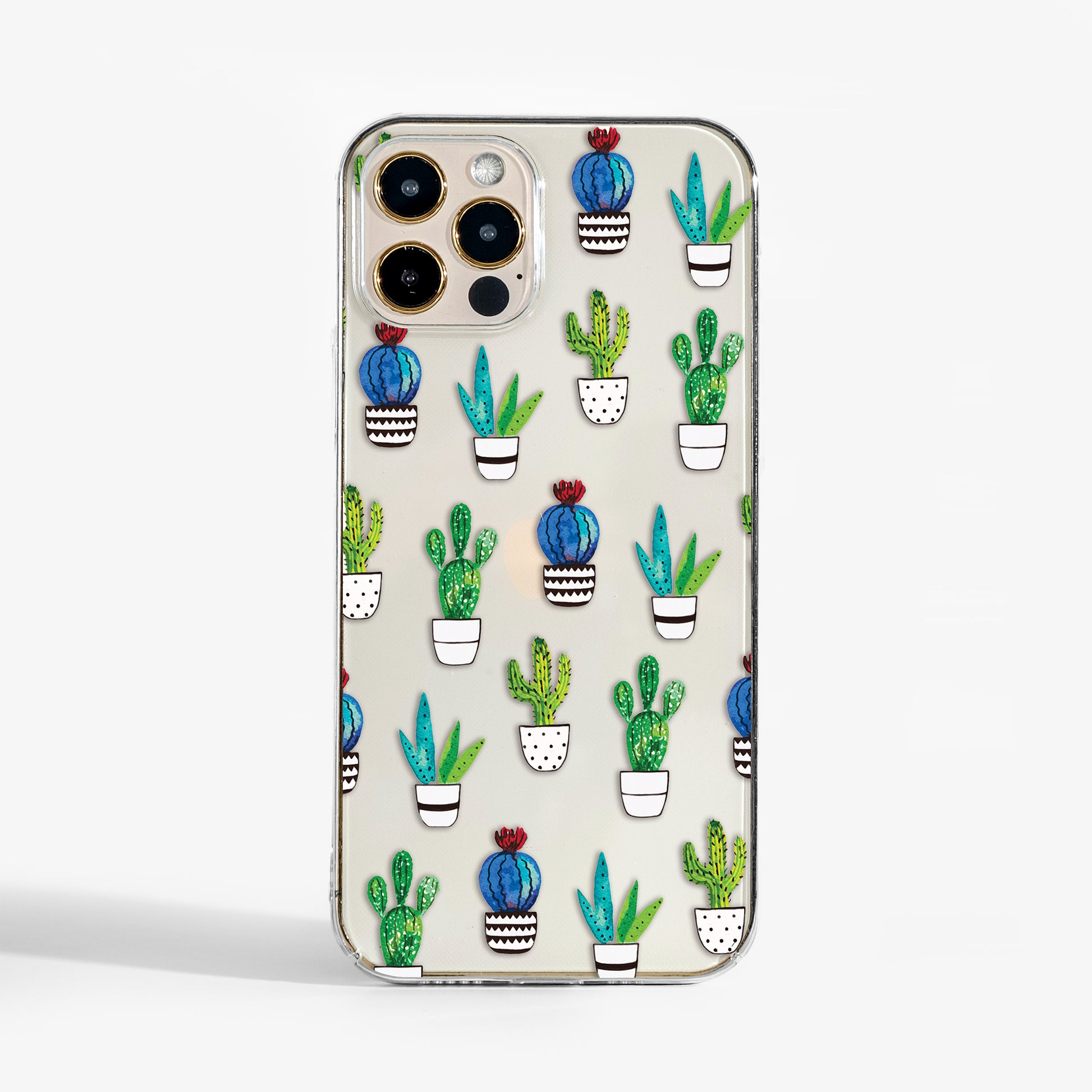 Clear cactus phone case with watercolour cactus design on transparent background for iPhone and Samsung.