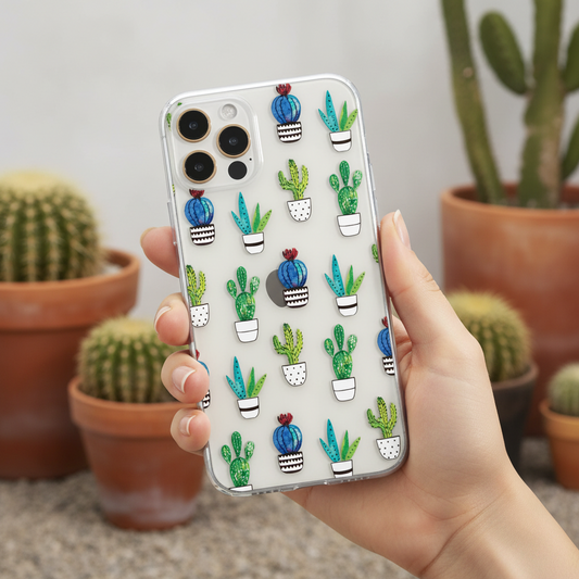 Woman holding clear cactus phone case showing aesthetic everyday use and grip