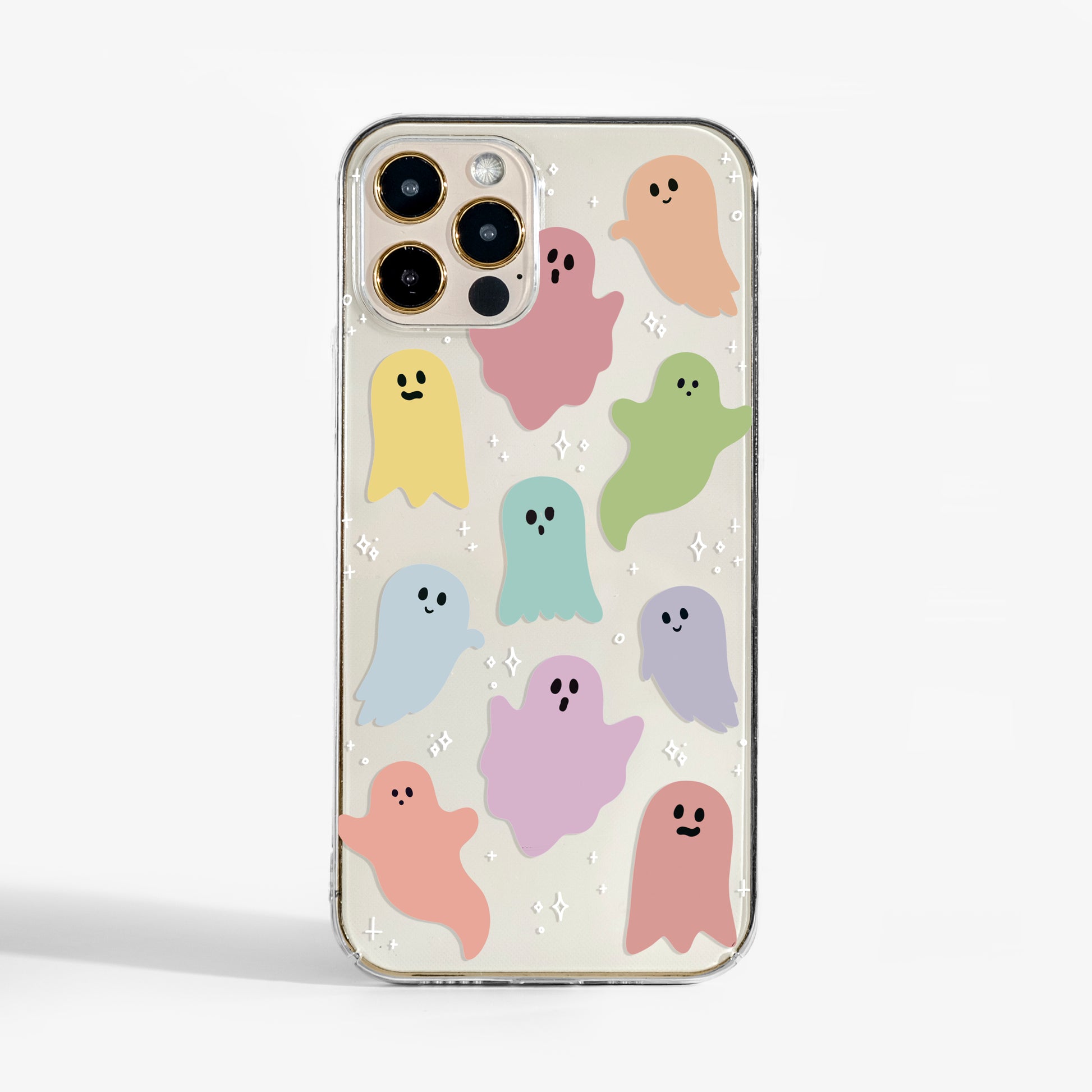 Clear rainbow ghost phone case with playful Halloween design 