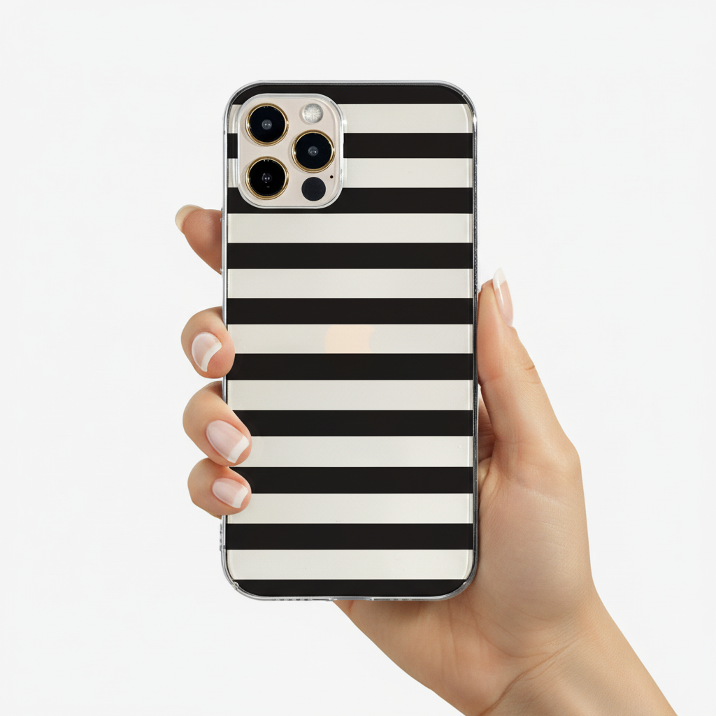 woman holding clear Black Stripe phone case 