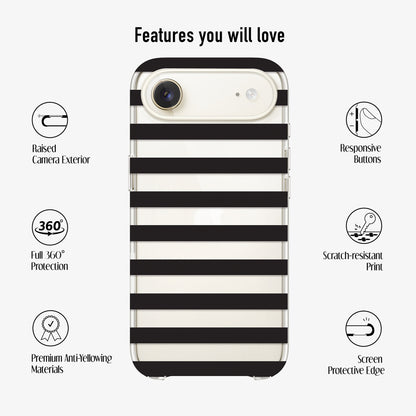 clear Black Stripe phone case with listed features such as anti-yellow materials, scratch-resistant print and 360 protection