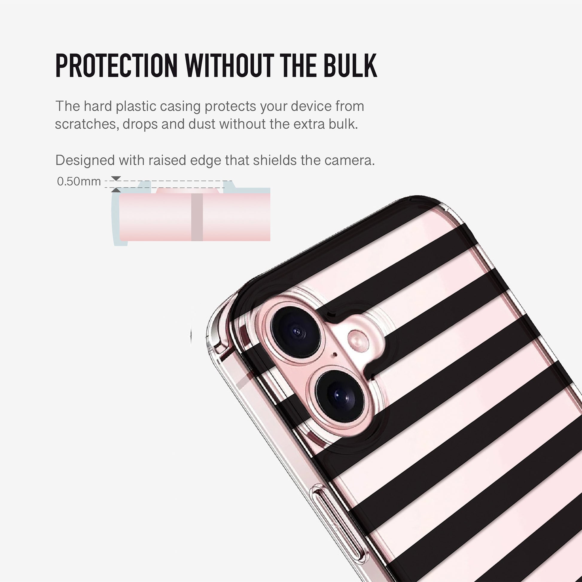 clear Black Stripe phone case featuring raised camera for extra lens protection