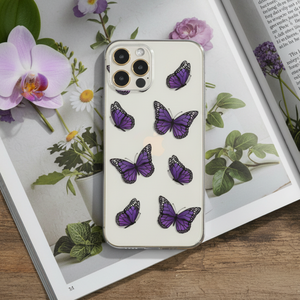 Clear butterfly phone case with purple butterfly illustration in real life