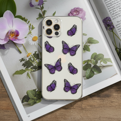 Clear butterfly phone case with purple butterfly illustration in real life