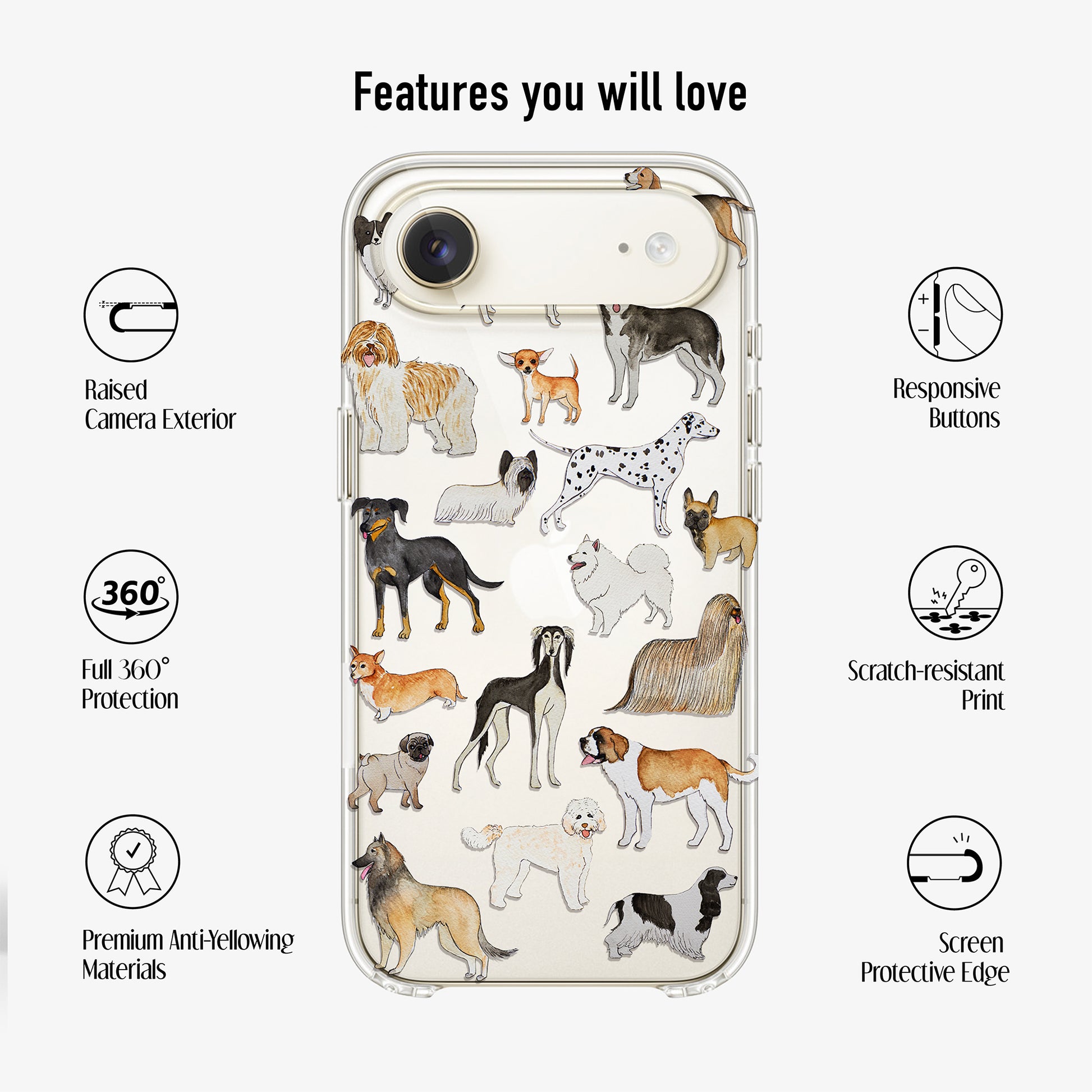 clear phone case with differet dog breeds and features such as raised camera edge, scratch-resistant print and 360 protection