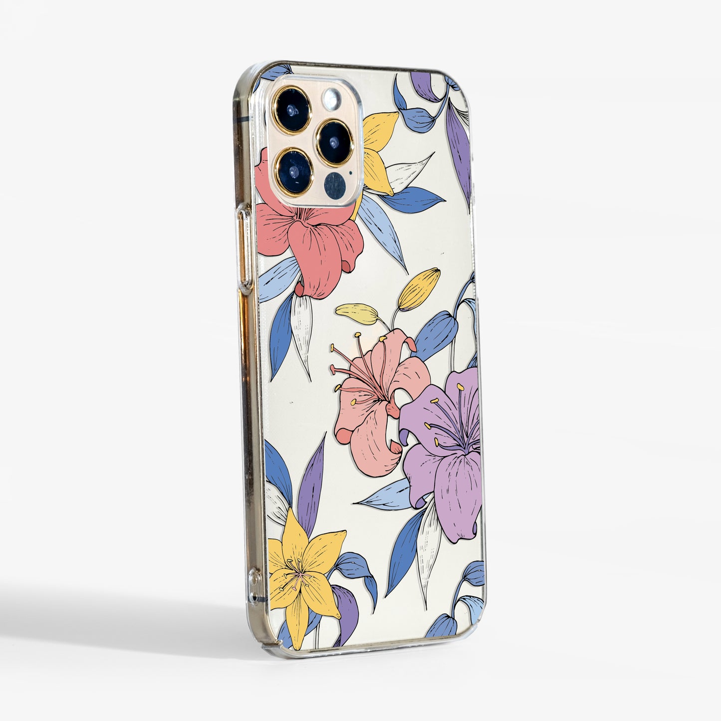 Slim clear purple floral phone case showing transparent edges and lightweight design