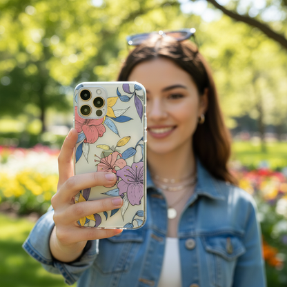 Woman taking selfie with clear purple floral phone case aesthetic design