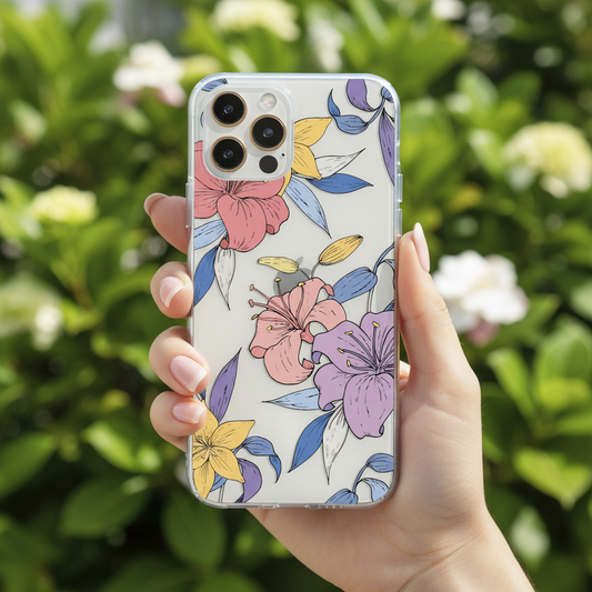 Woman holding clear purple floral phone case showing soft feminine floral aesthetic