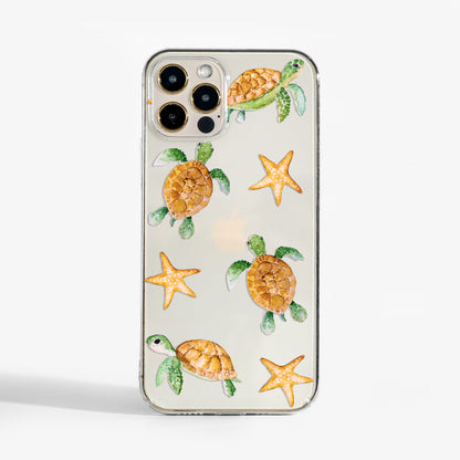 Clear sea turtle phone case with watercolour ocean turtle design on transparent background
