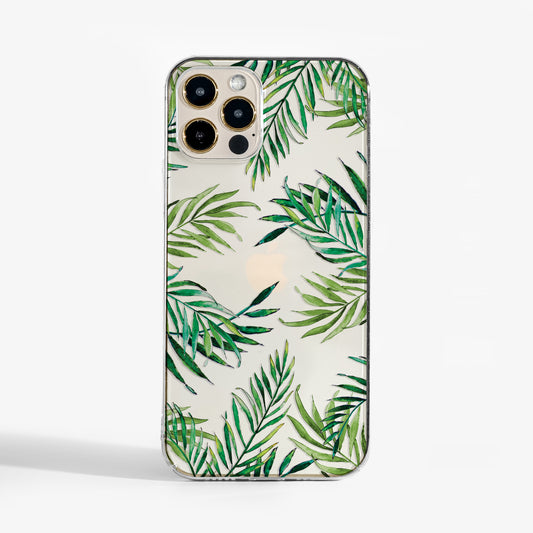 Phone case with green leaves pattern on a clear background. A stylish protective phone case for iPhone, Samsung, and Google Pixel.