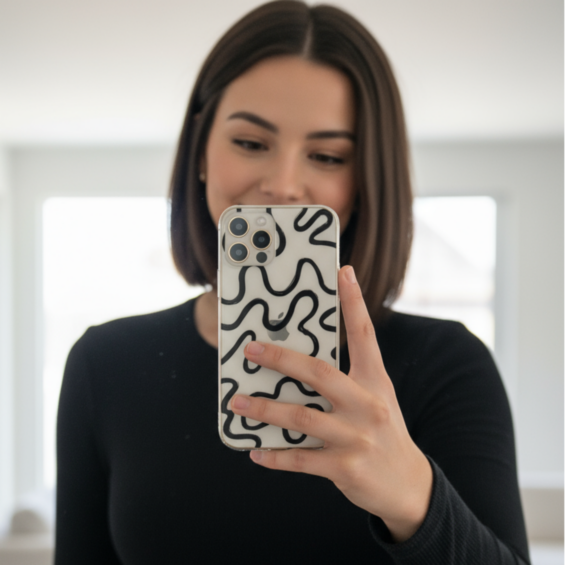 Woman taking selfie with clear abstract line phone case modern aesthetic