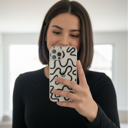 Woman taking selfie with clear abstract line phone case modern aesthetic