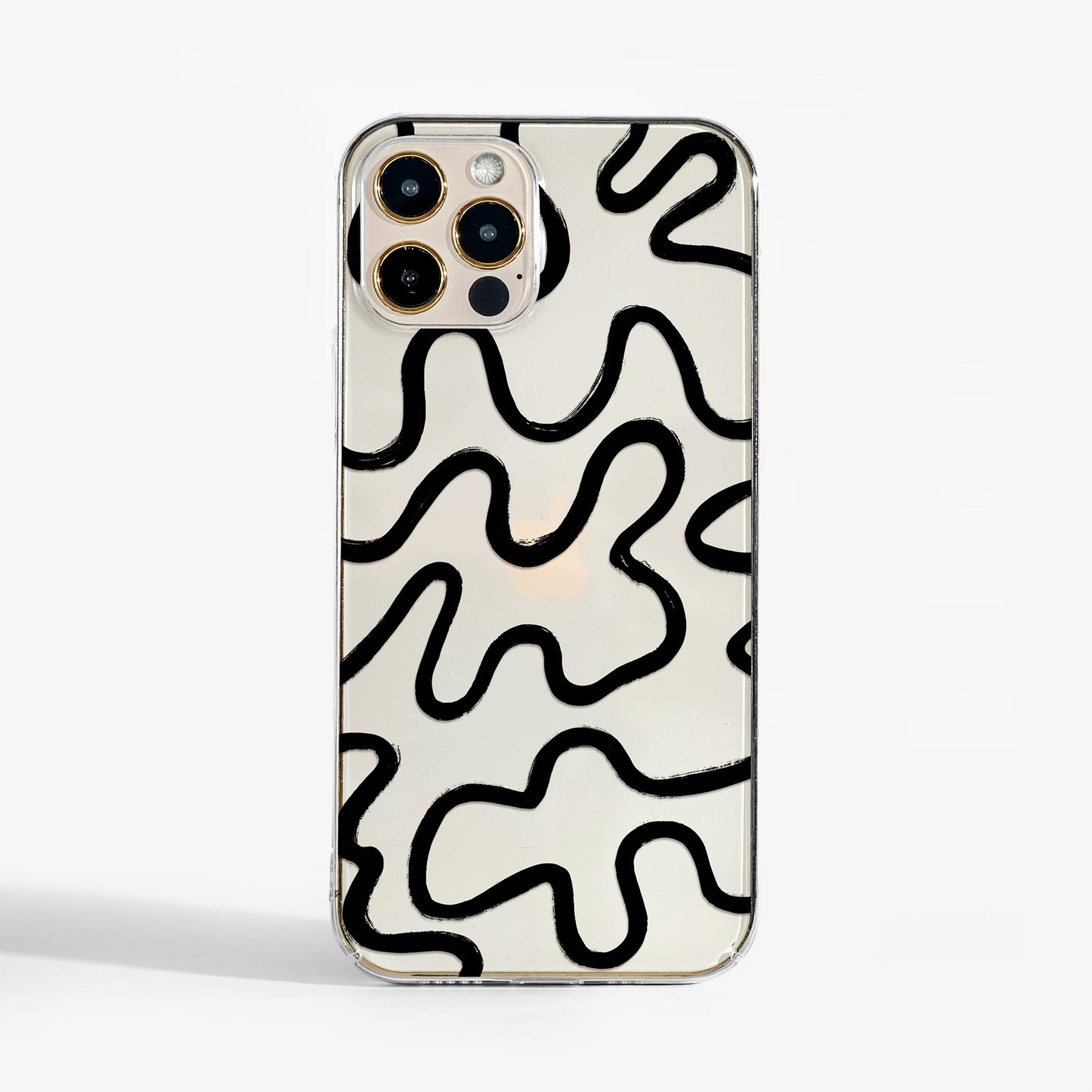 Clear abstract line phone case with black minimalist line design on transparent background