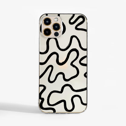 Clear abstract line phone case with black minimalist line design on transparent background