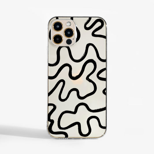 Clear abstract line phone case with black minimalist line design on transparent background