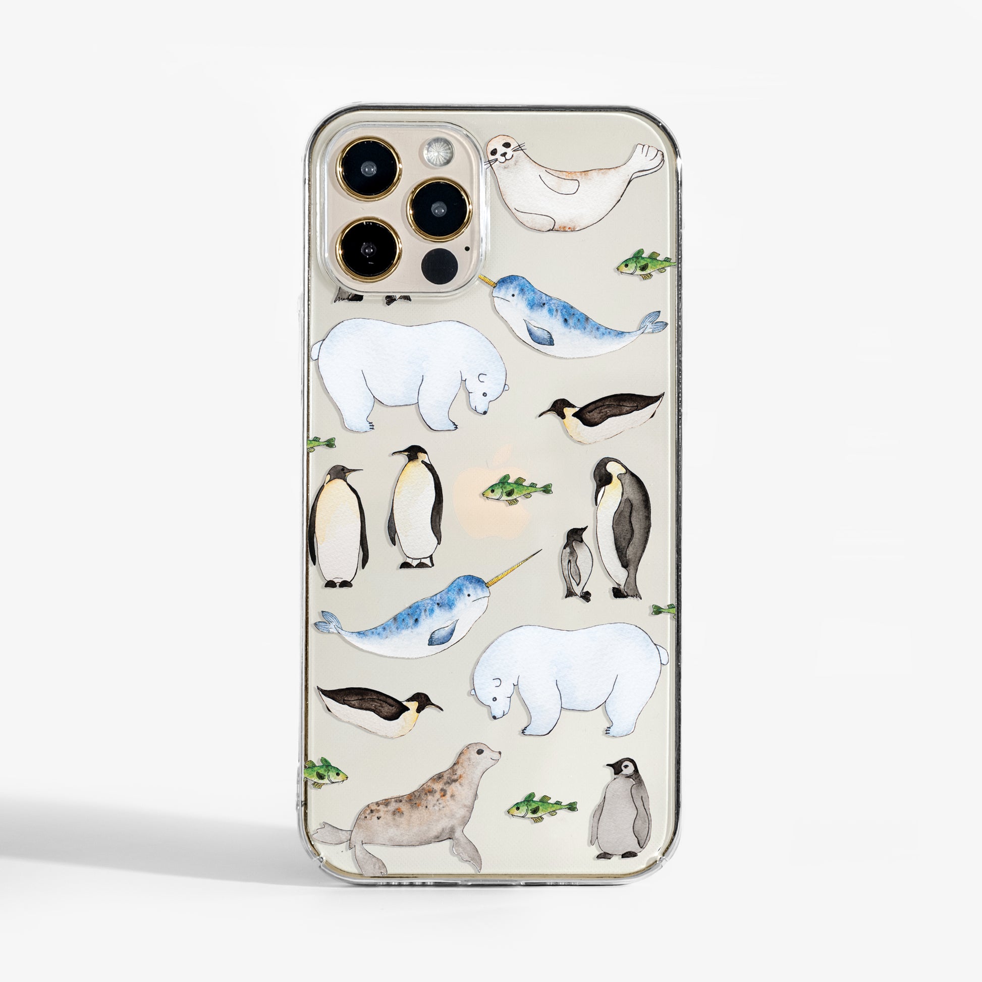 Clear arctic animal phone case with watercolour animal design on transparent background