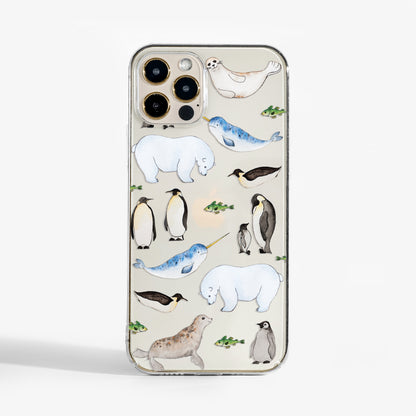 Clear arctic animal phone case with watercolour animal design on transparent background