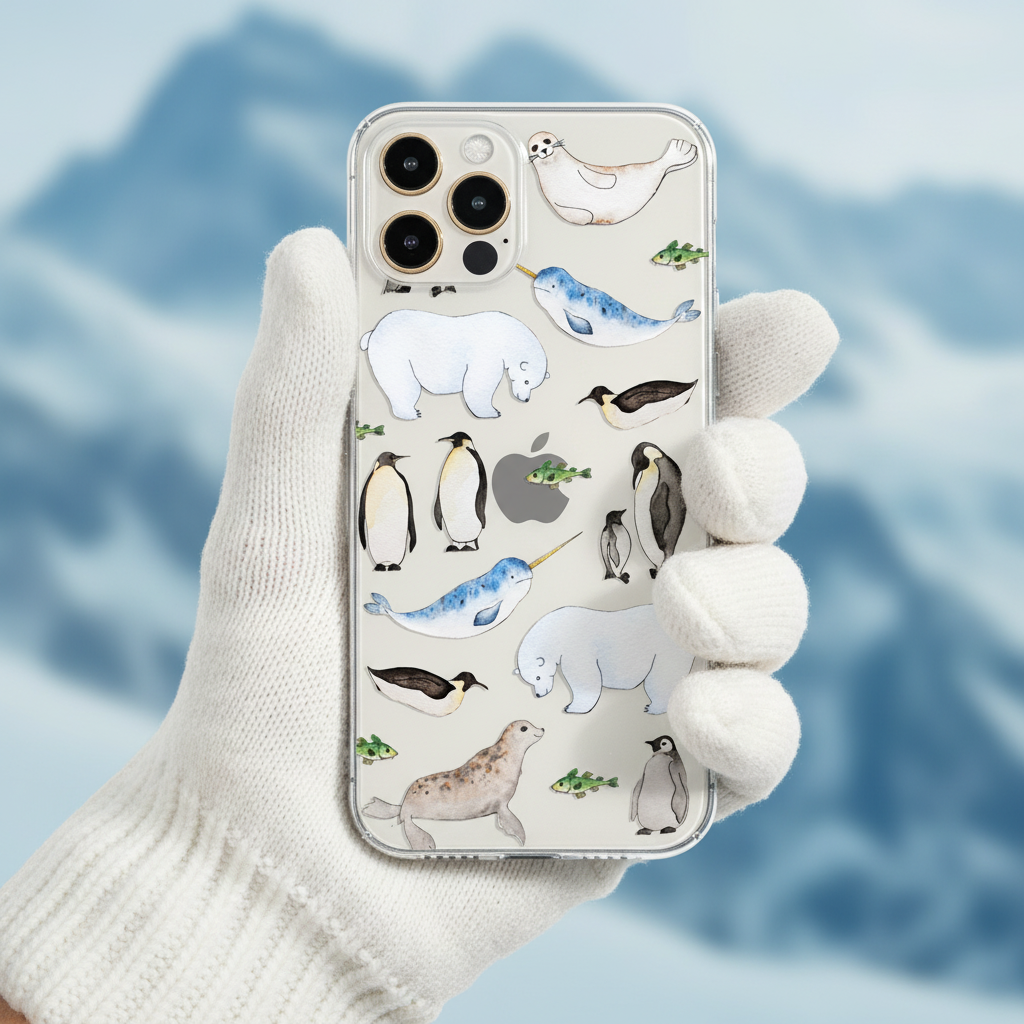 Woman holding clear arctic animal phone case showing cute animal aesthetic