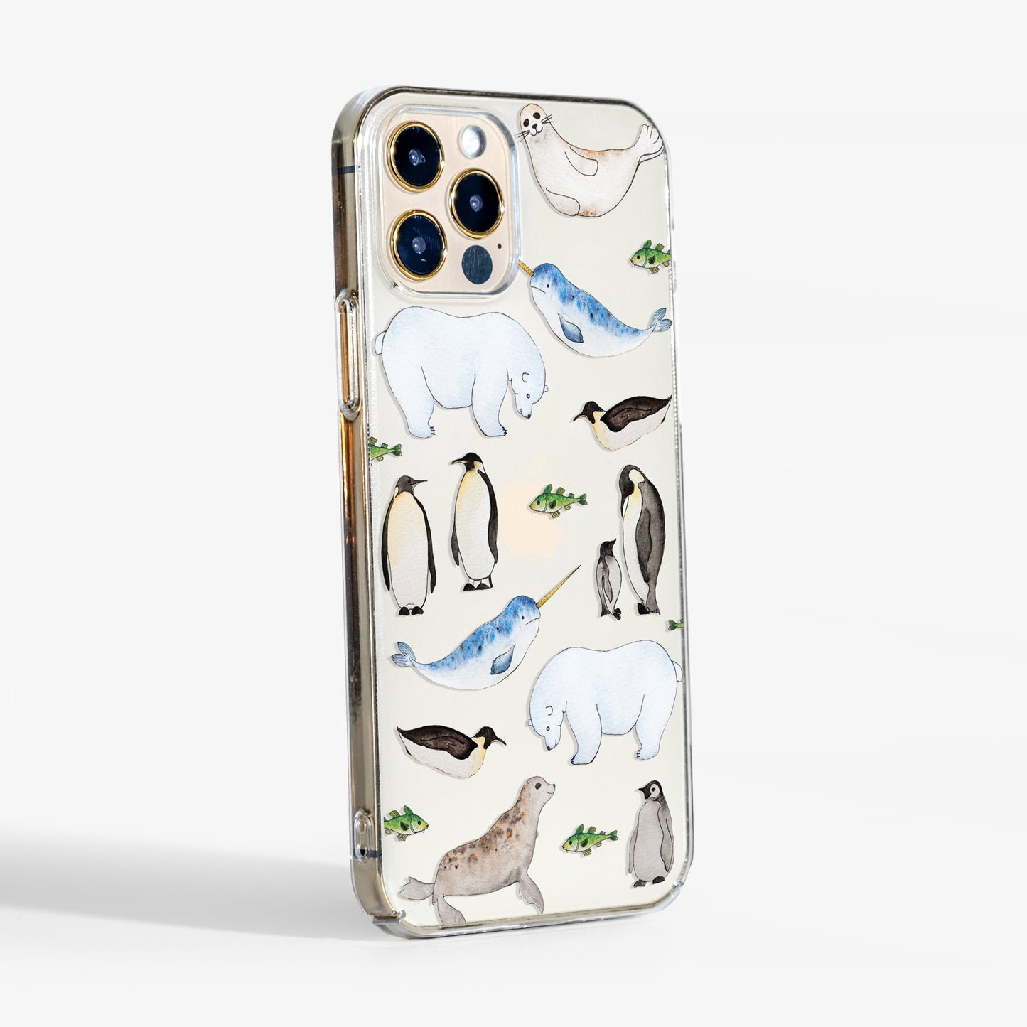 Clear hard phone case with watercolour Arctic animals showing slimprofile and transparent sides 