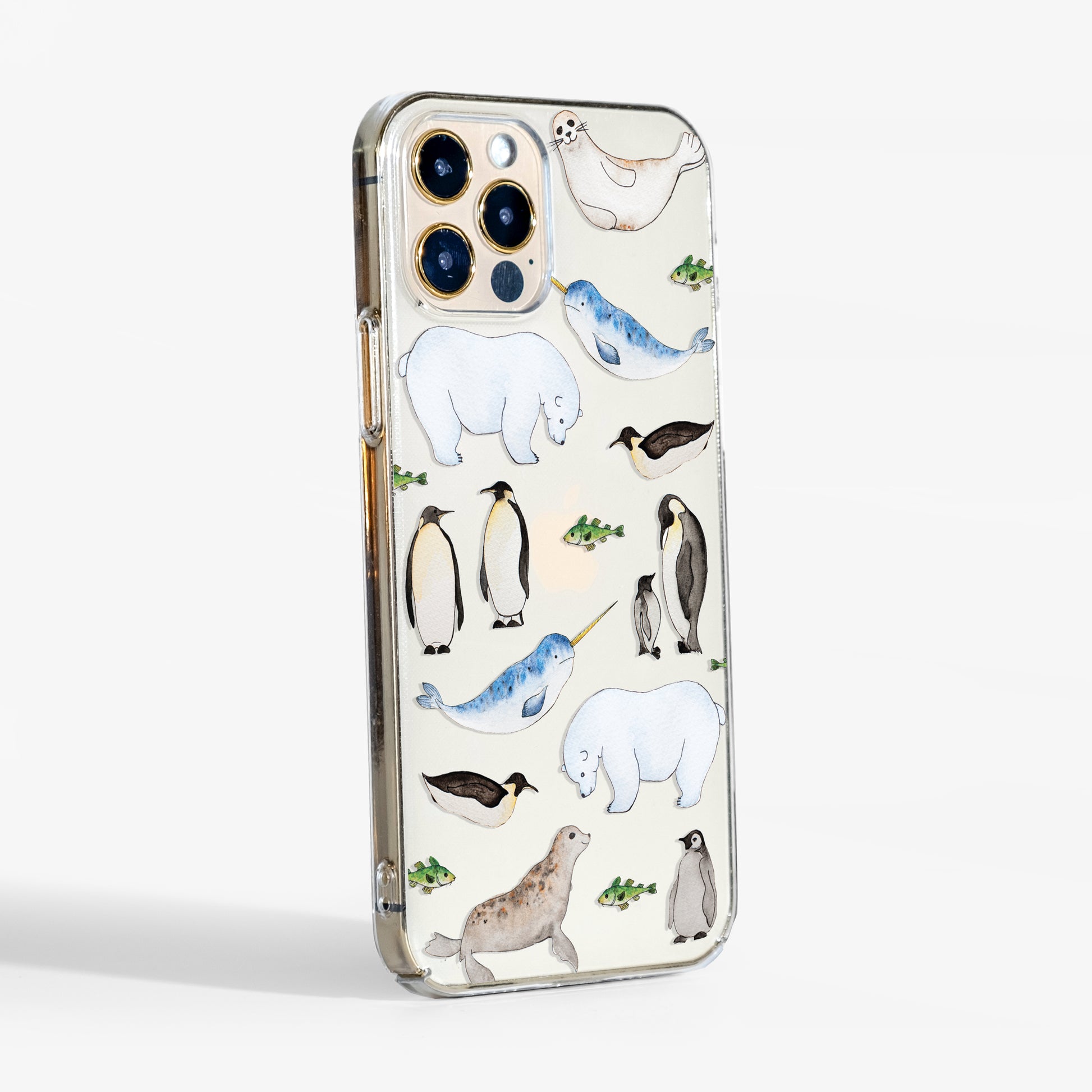 Clear hard phone case with watercolour Arctic animals showing slimprofile and transparent sides 