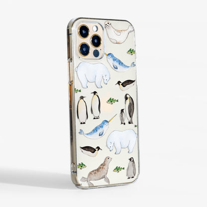 Clear hard phone case with watercolour Arctic animals showing slimprofile and transparent sides 