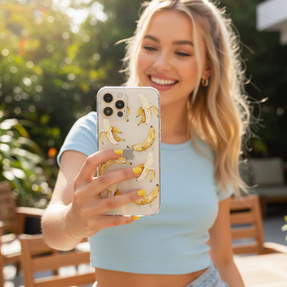 Woman taking selfie with clear banana phone case 