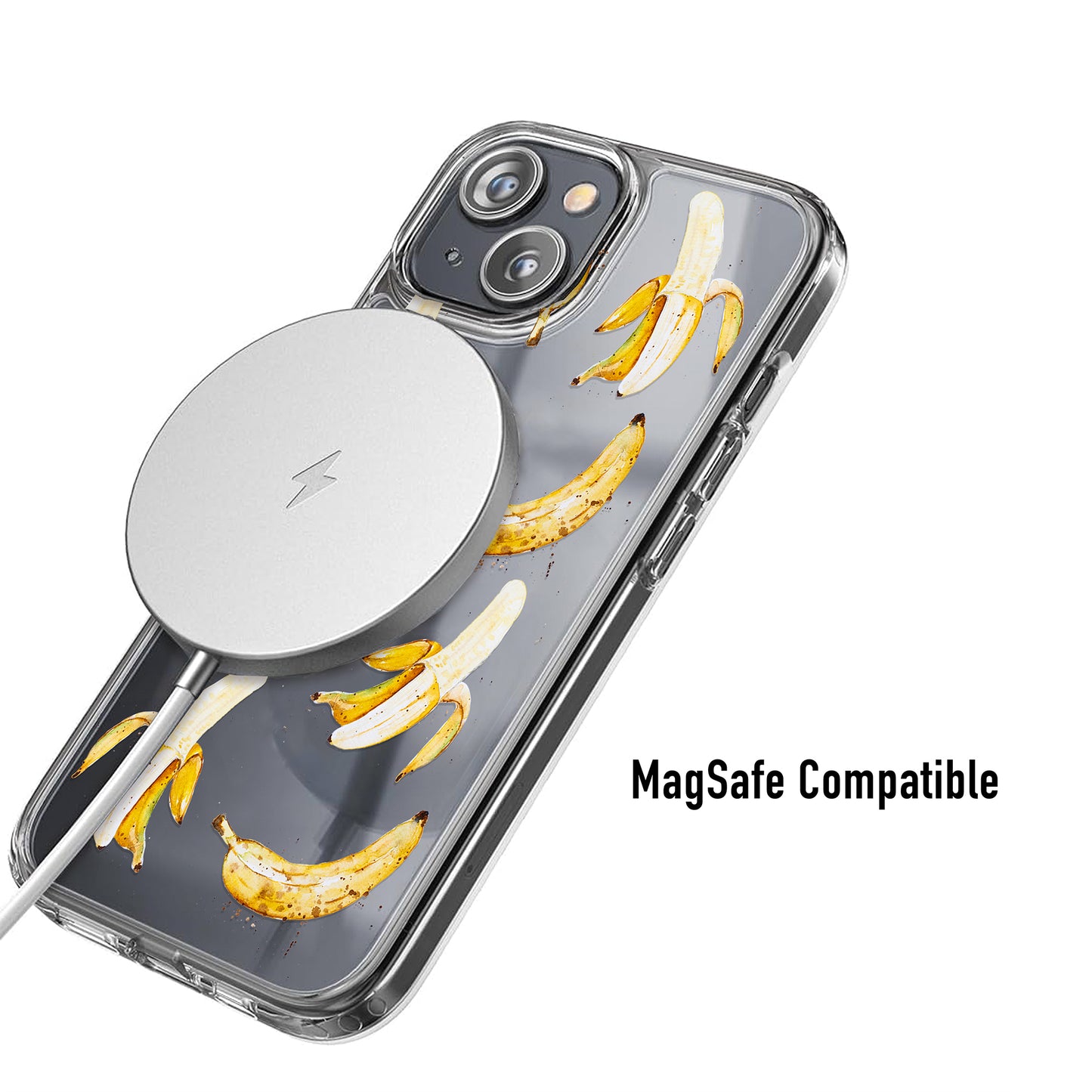 Clear Phone case with watercolour banana pattern and MagSafe compatibility 