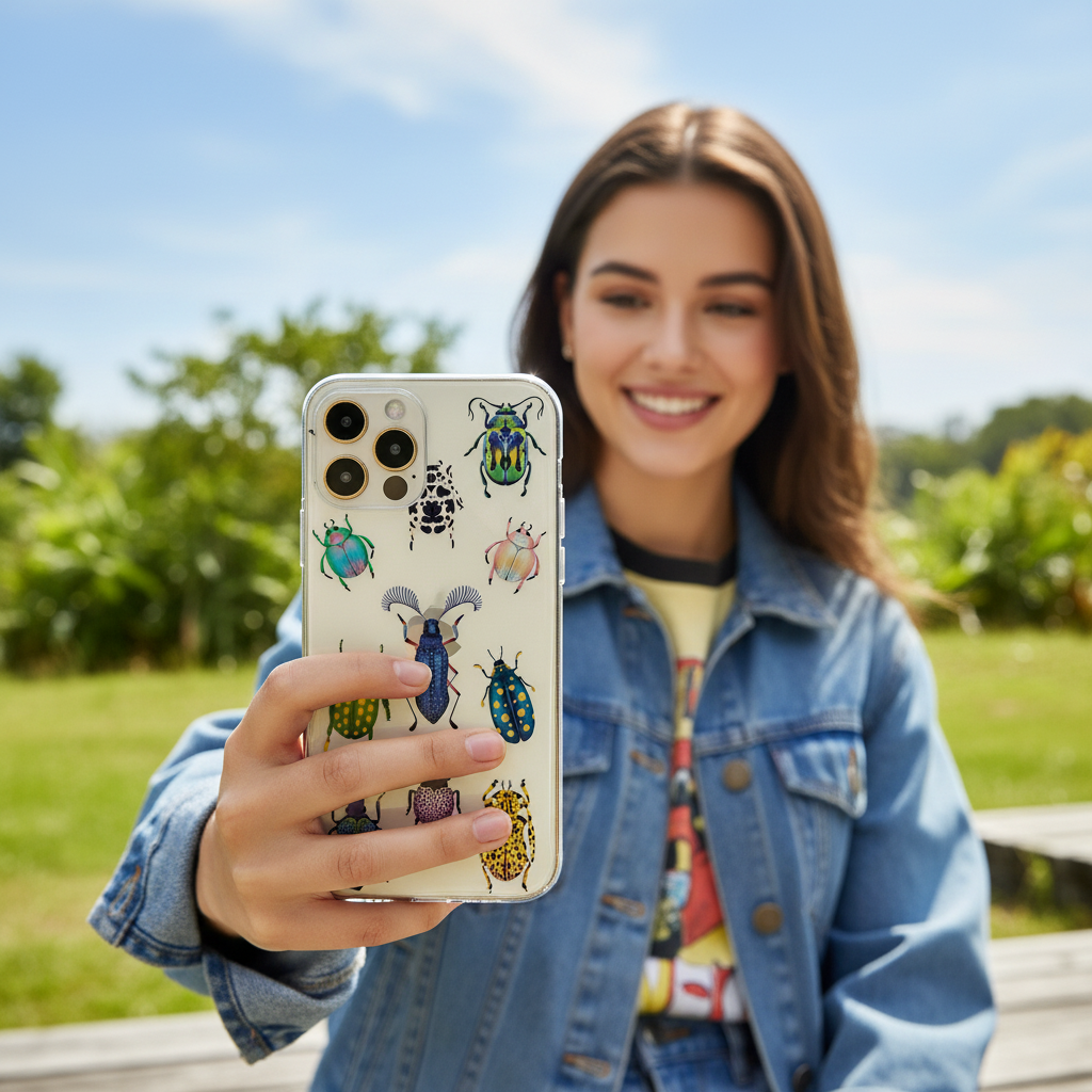 Woman taking selfie with clear beetle phone case - nature aesthetic