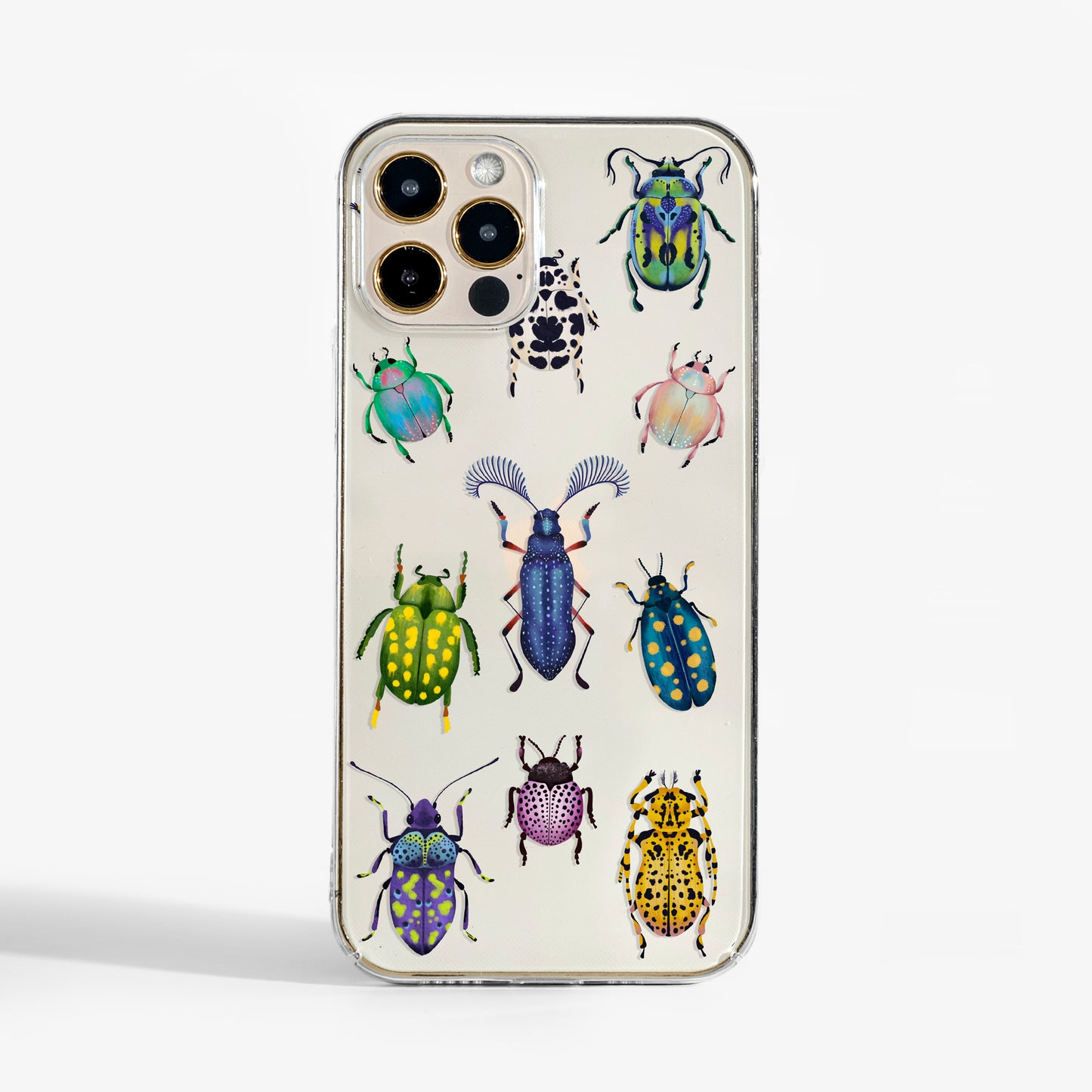Clear beetle phone case with colourful watercolour insect design on transparent background