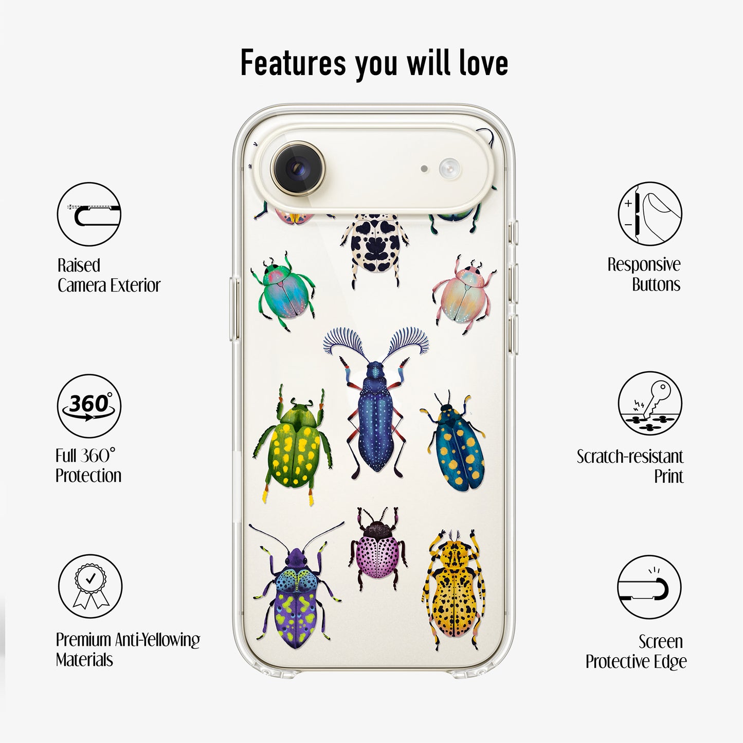 Clear phone case with UV printed beetle design, anti-yellow material and 360 protection