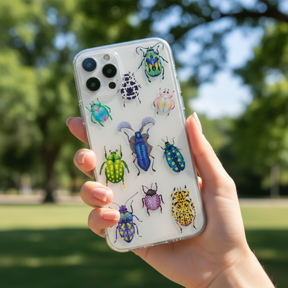Woman holding clear beetle phone case showing nature-inspired aesthetic