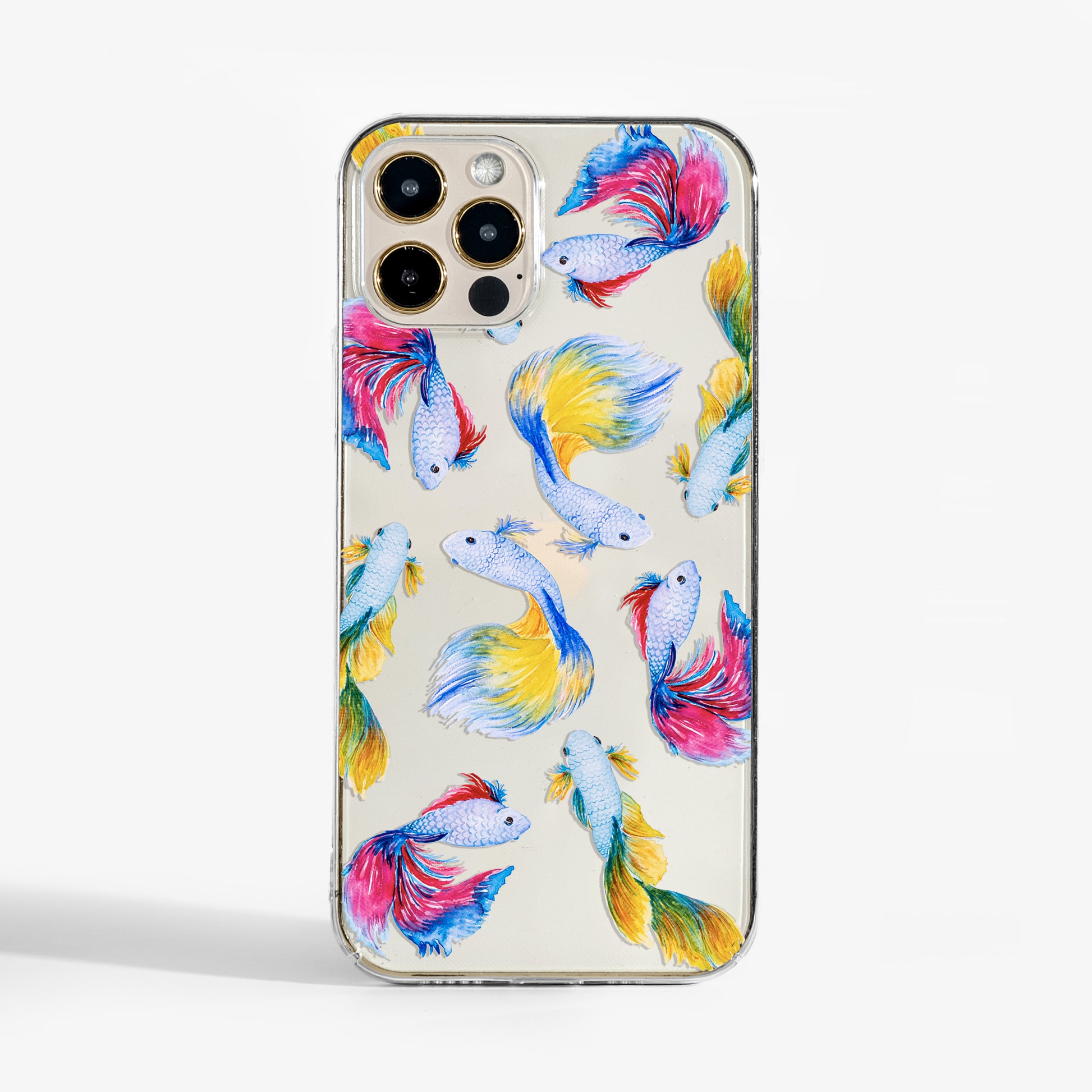 Clear betta fish phone case with colourful watercolour tropical fish design on transparent background
