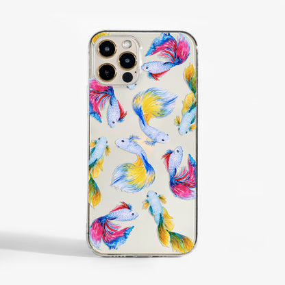 Clear betta fish phone case with colourful watercolour tropical fish design on transparent background