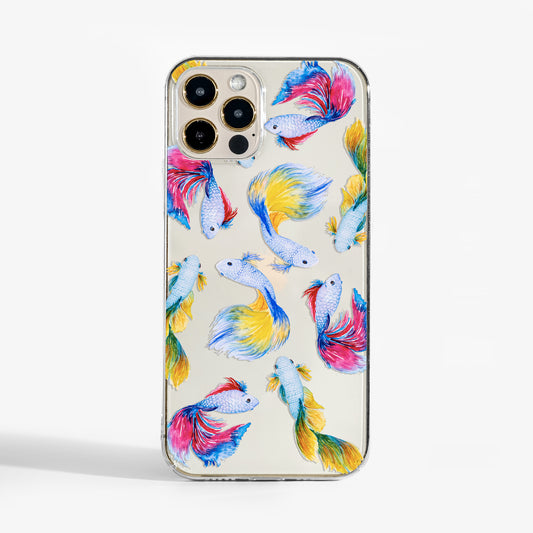 Clear betta fish phone case with colourful watercolour tropical fish design on transparent background