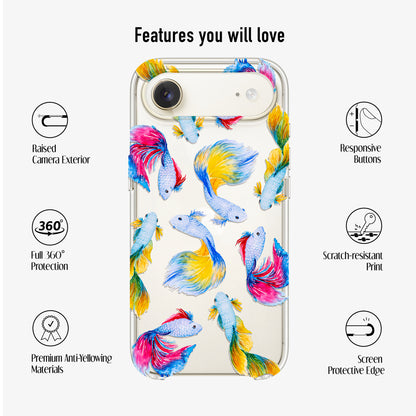 Clear phone case with  tropical fish design showing featurs like scratch-resistant print, anti-yellow material and 360 protection