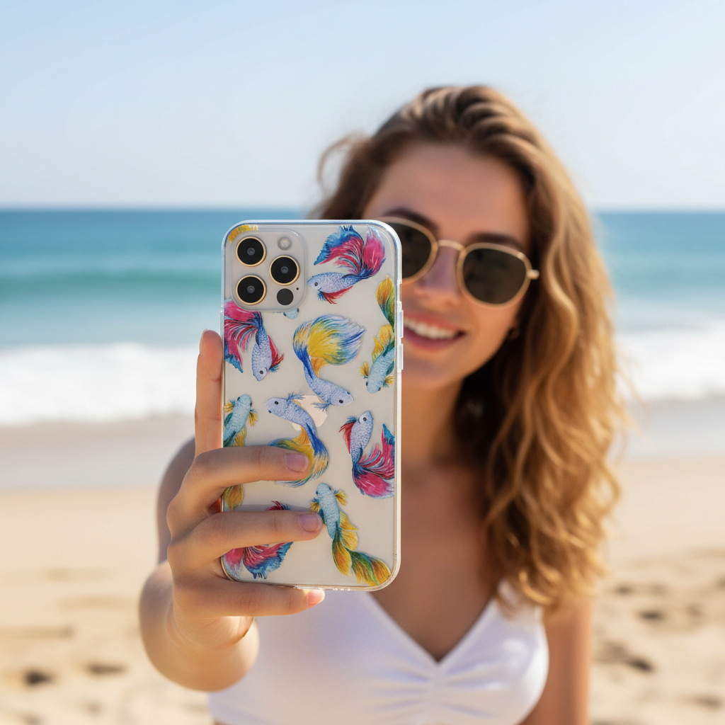 Woman taking selfie with clear betta fish phone case 