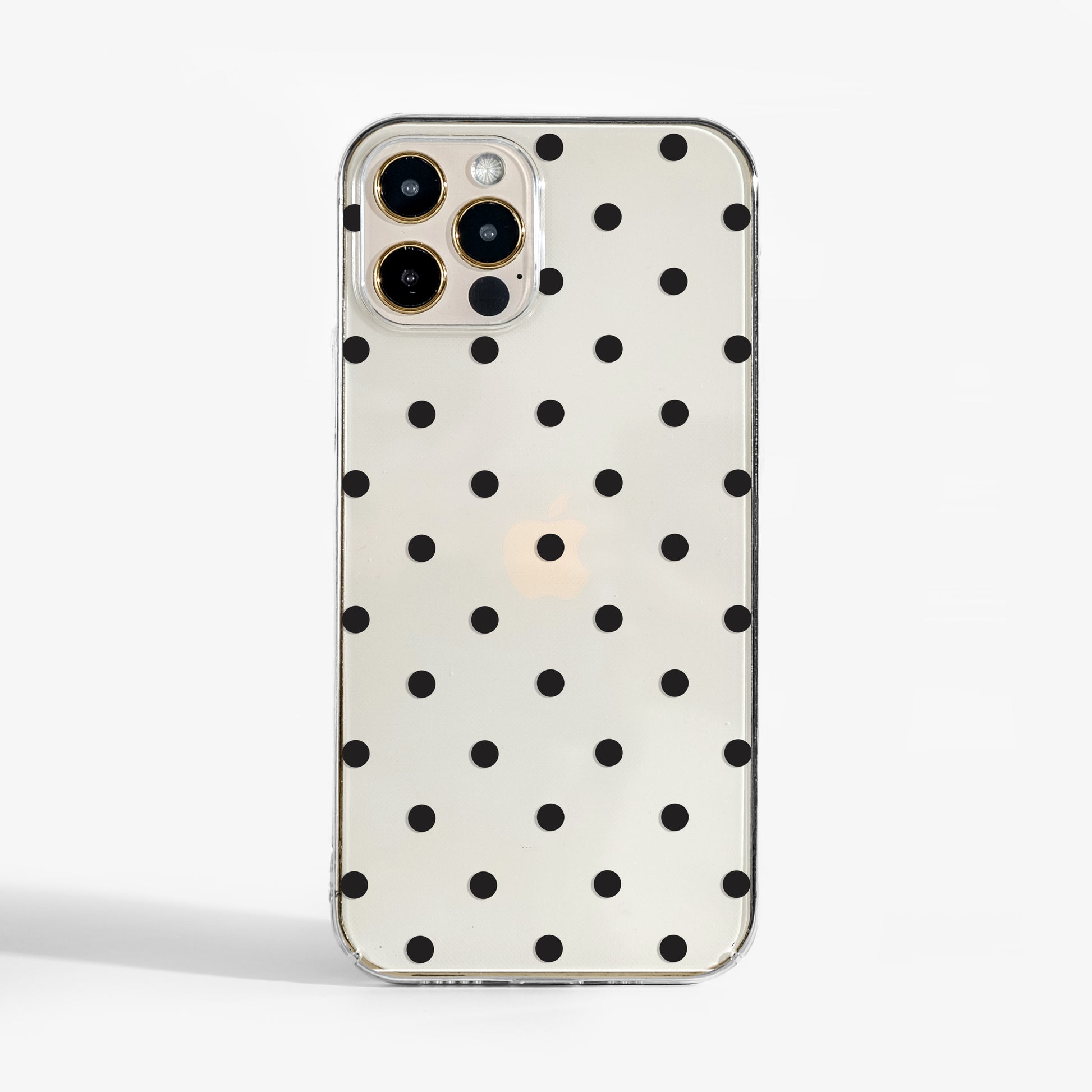 Clear polka dots phone case with minimal monochrome dot pattern on transparent background