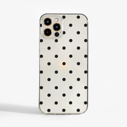 Clear polka dots phone case with minimal monochrome dot pattern on transparent background