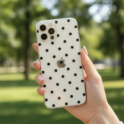 Woman holding clear black polka dot phone case showing minimal aesthetic style