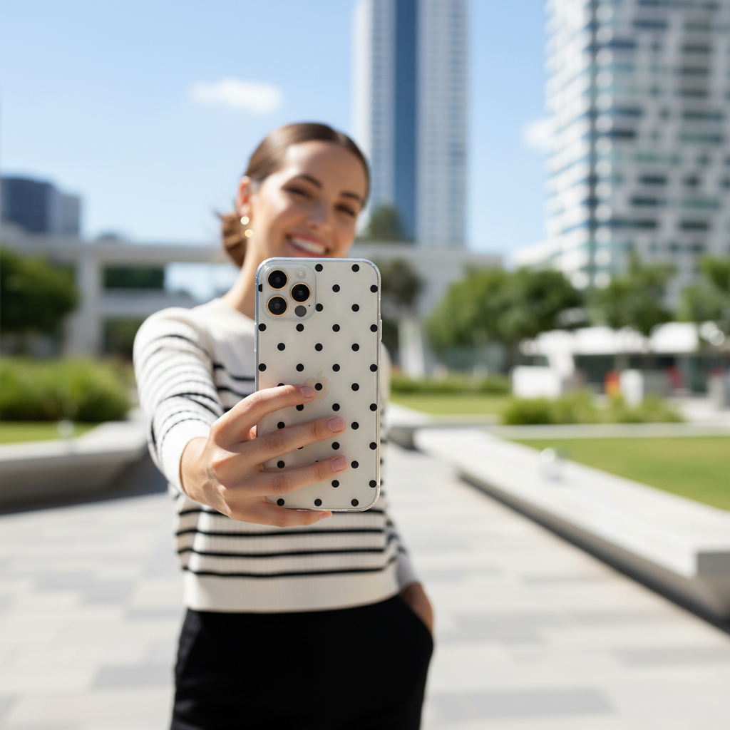 Woman taking selfie with clear black polka dot phone case minimal aesthetic