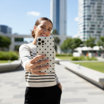 Woman taking selfie with clear black polka dot phone case minimal aesthetic