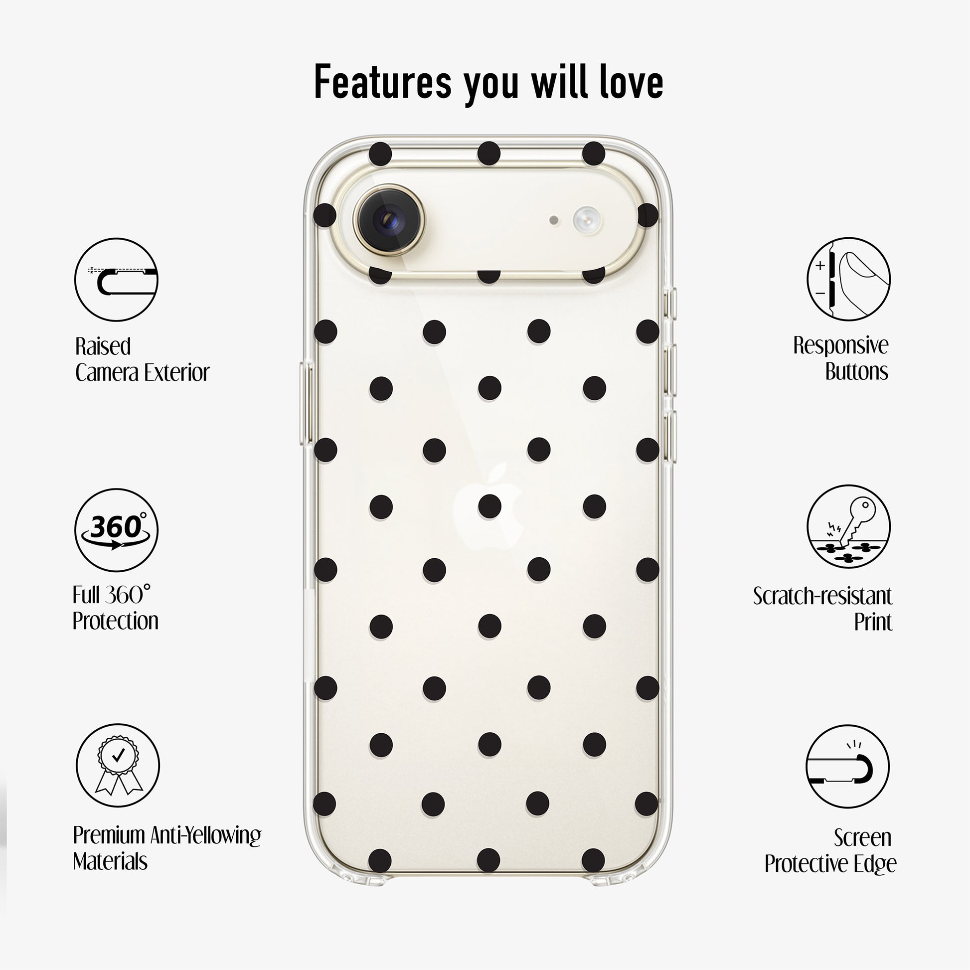 Clear phone case with UV printed black polka dot design and anti-yellow material 