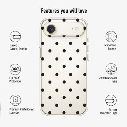 Clear phone case with UV printed black polka dot design and anti-yellow material 