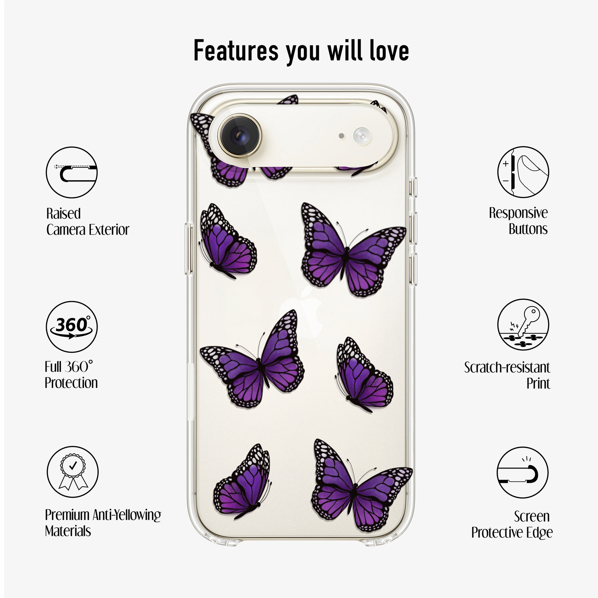 clear Phone case with purple butterflies, featuring text with phone case features.