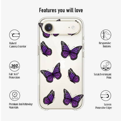 clear Phone case with purple butterflies, featuring text with phone case features.