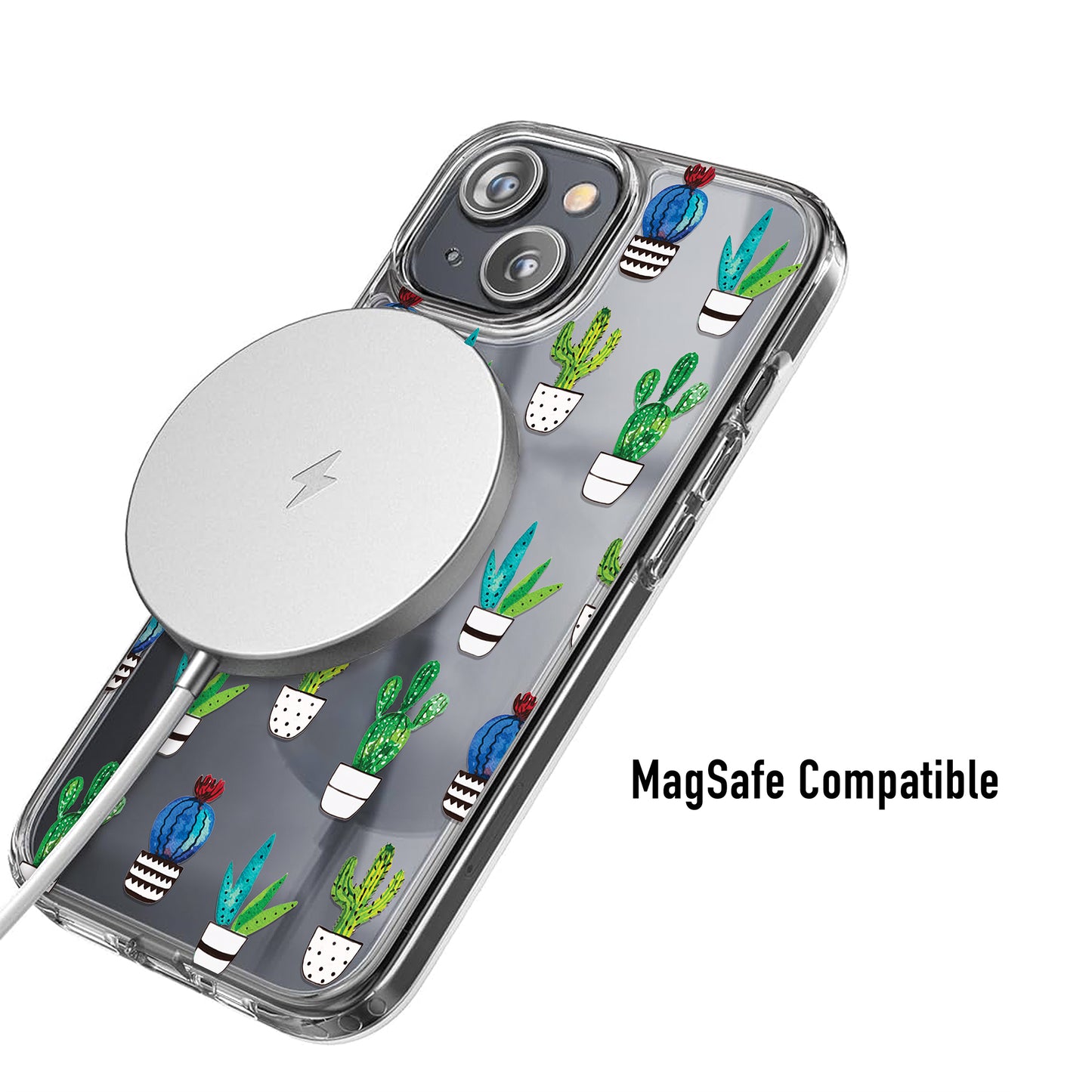 Clear cactus phone case MagSafe compatible for easy wireless charging