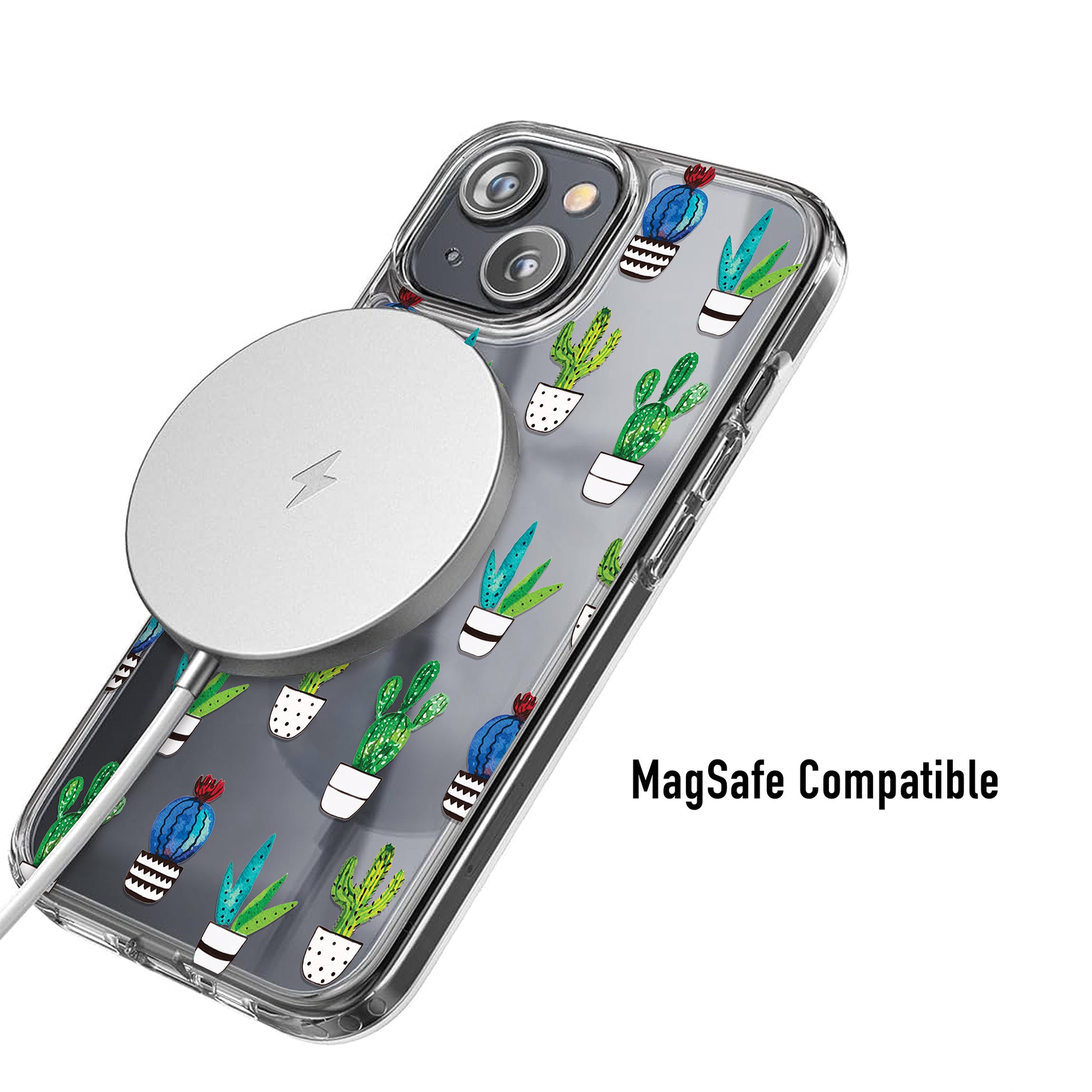 Clear cactus phone case MagSafe compatible for easy wireless charging
